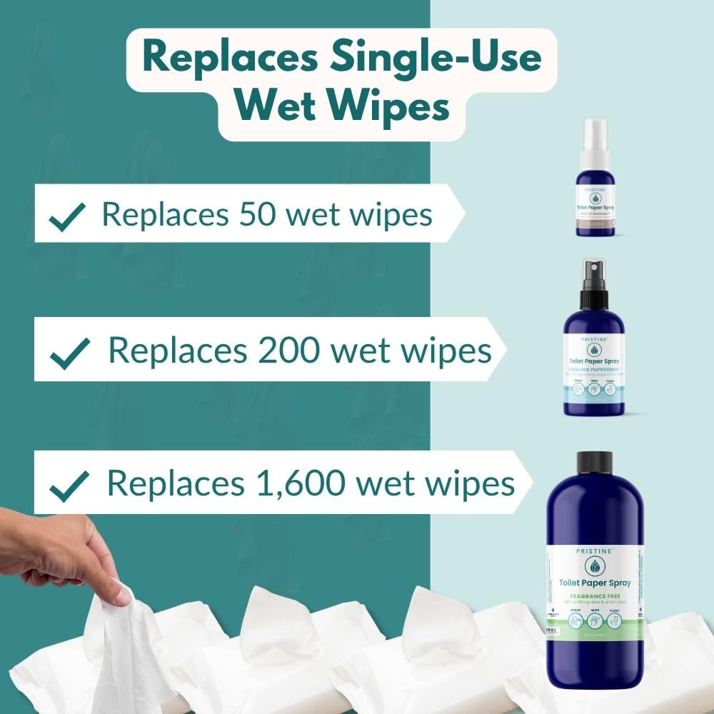 PRISTINE Toilet Paper Spray - Flushable Wipe Alternative, Bidet Spray for Bathroom, Portable Cleansing Solution