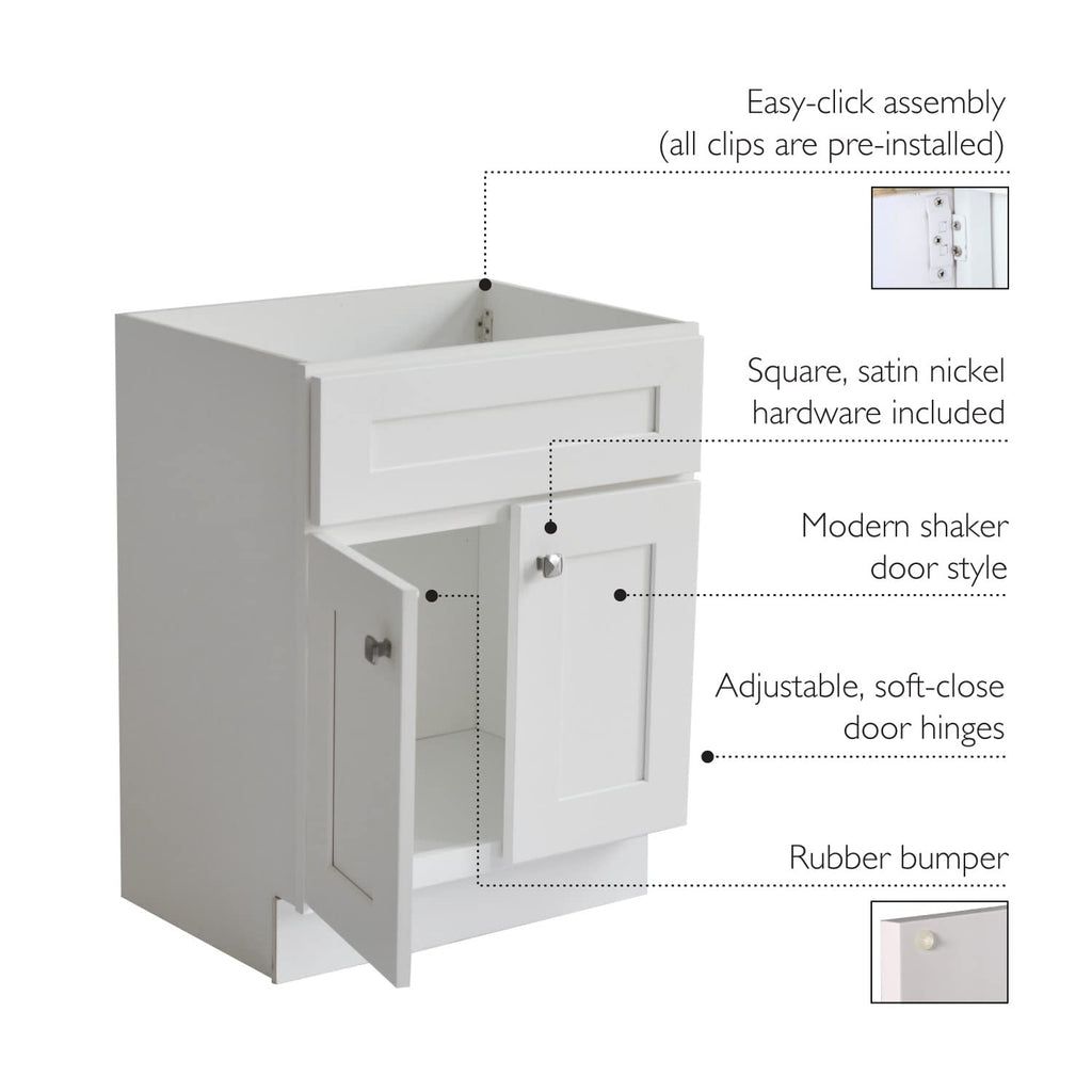 Design House Brookings 24" White Bathroom Vanity Cabinet - Freestanding Solid Wood Sink Base with Soft-Close Doors