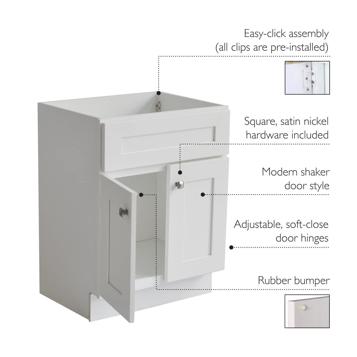 Design House Brookings 24" White Bathroom Vanity Cabinet - Freestanding Solid Wood Sink Base with Soft-Close Doors