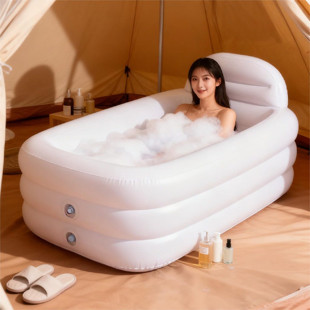 HIWENA Inflatable Portable Bathtub - Adult-Size Freestanding Soaking Tub with Large Backrest, White PVC Spa Bath