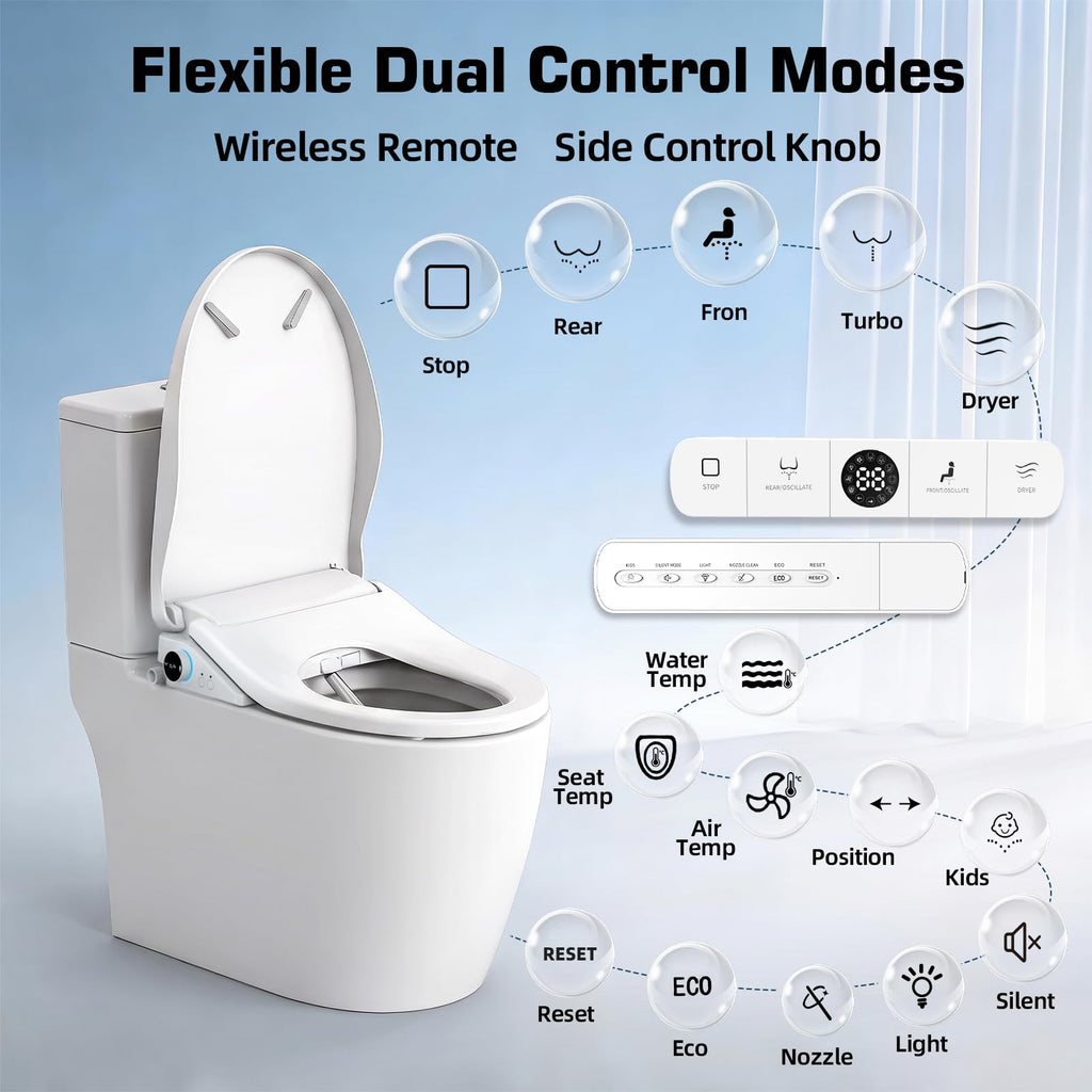 Tadashi Smart Bidet Toilet Seat Elongated - Instant Warm Water, Heated Seat, Dryer, Remote & Knob Control, Soft Close