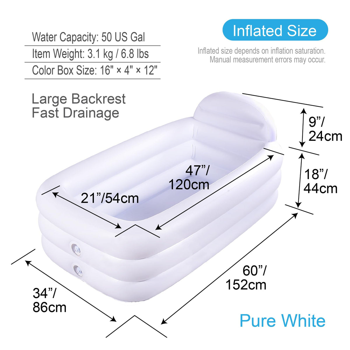 HIWENA Inflatable Portable Bathtub - Adult-Size Freestanding Soaking Tub with Large Backrest, White PVC Spa Bath