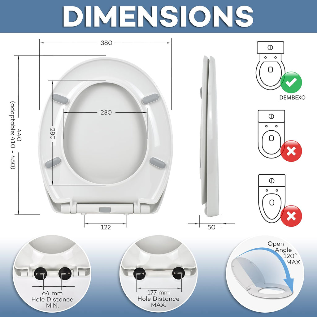 Soft Close Toilet Seat with Quick Release - One-Click Removal, Non-Slip System + 10 Hygiene Covers