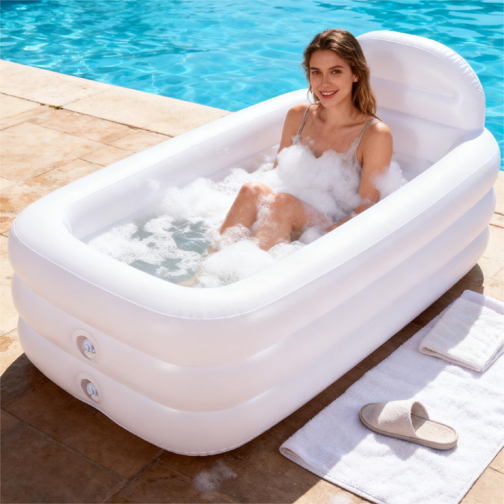 HIWENA Inflatable Portable Bathtub - Adult-Size Freestanding Soaking Tub with Large Backrest, White PVC Spa Bath