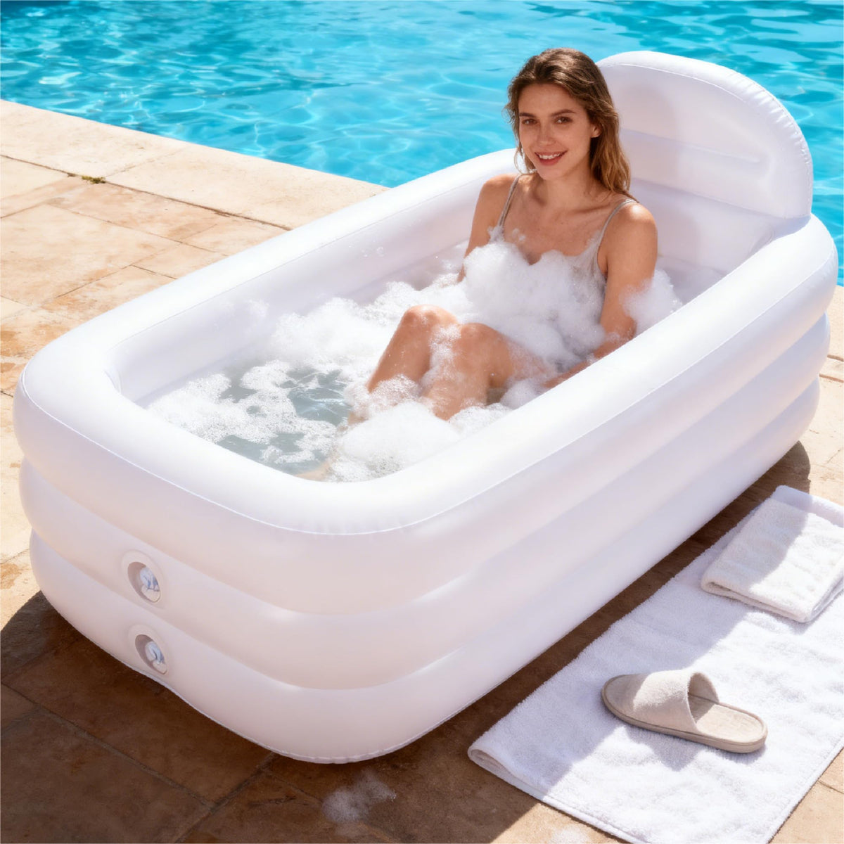 HIWENA Inflatable Portable Bathtub - Adult-Size Freestanding Soaking Tub with Large Backrest, White PVC Spa Bath