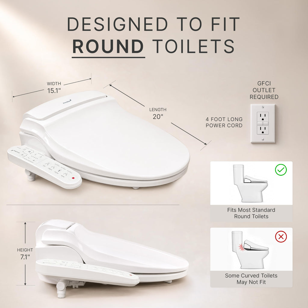 SmartBidet SB-2000WR Electric Smart Bidet Toilet Seat Round - Heated Seat, Warm Air Dryer, Soft Close Lid