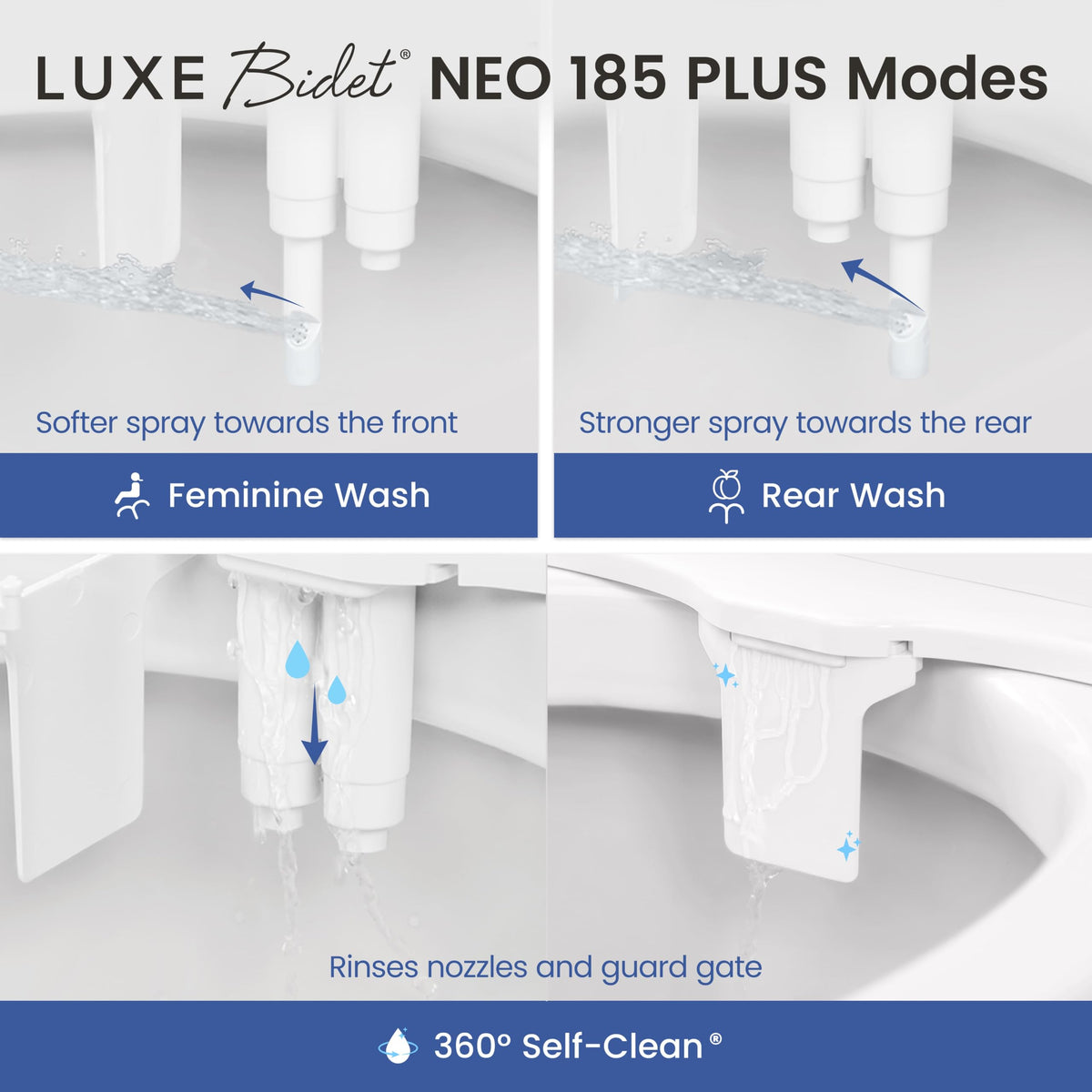 Luxe Bidet NEO 185 Plus - EZ-Lift Dual Nozzle Bidet Attachment with 360° Self-Cleaning, Chrome/Gold/Rose Gold Options