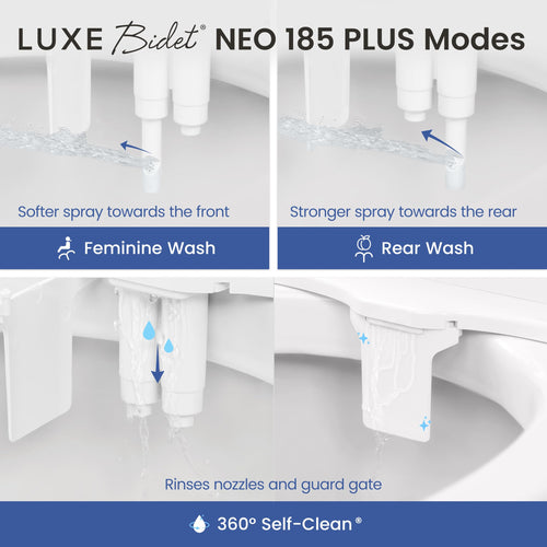 Luxe Bidet NEO 185 Plus - EZ-Lift Dual Nozzle Bidet Attachment with 360° Self-Cleaning, Chrome/Gold/Rose Gold Options