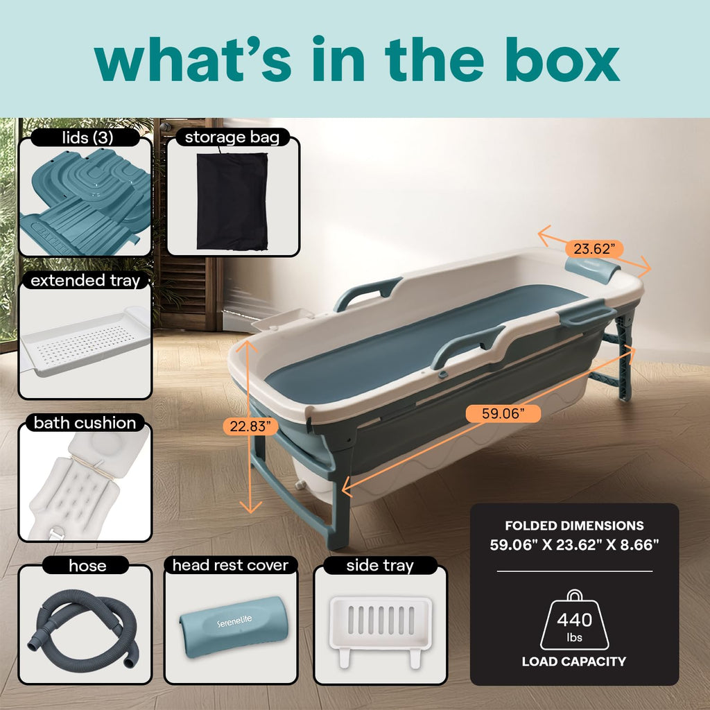 SereneLife Foldable Portable Bathtub for Adults 1.5m – Freestanding Tub for Hot Spa, Ice Bath & Cold Plunge