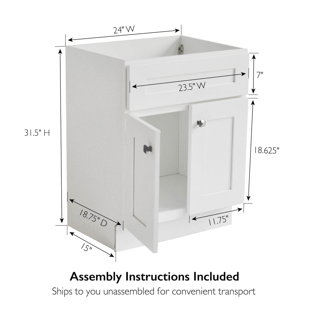 Design House Brookings 24" White Bathroom Vanity Cabinet - Freestanding Solid Wood Sink Base with Soft-Close Doors