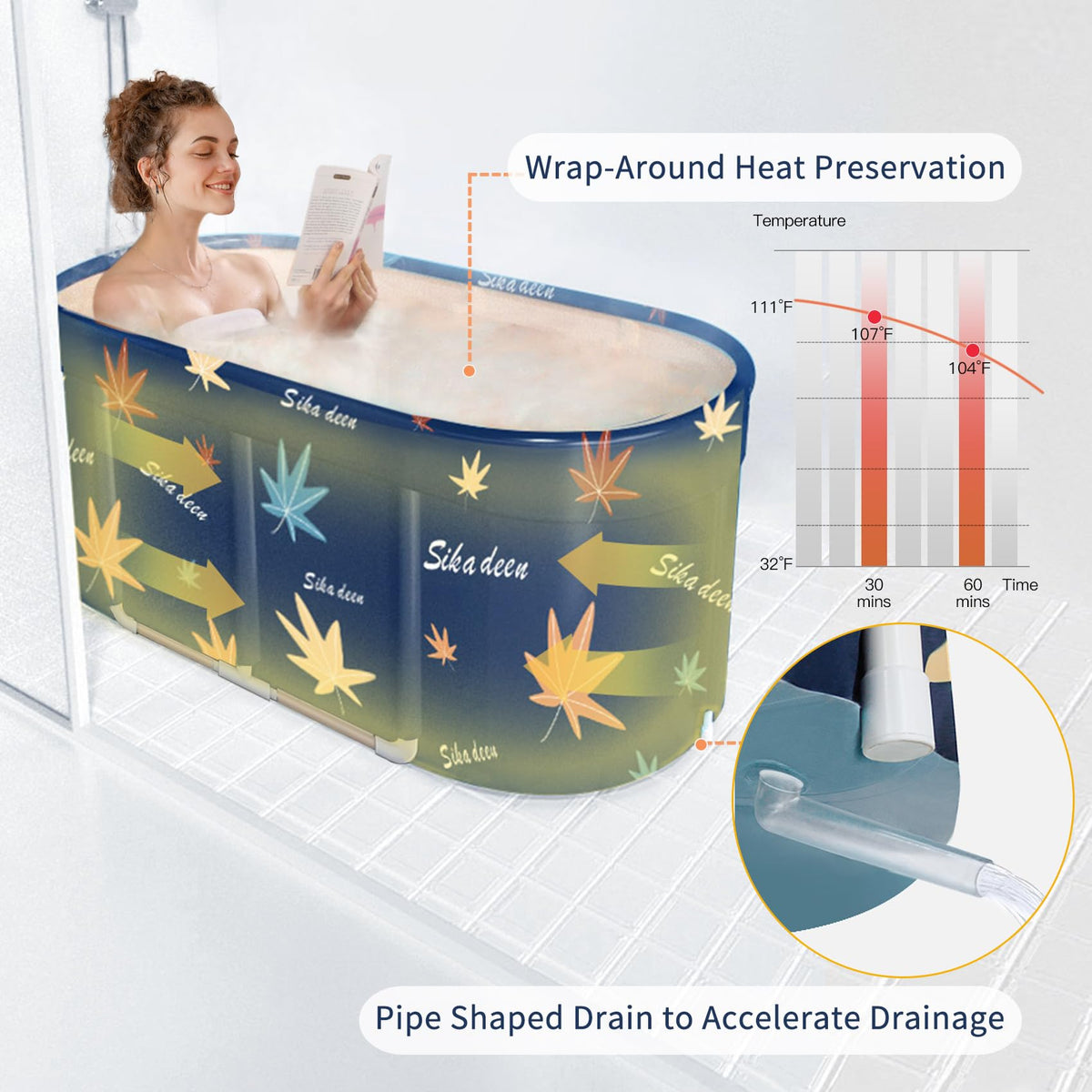 Portable Foldable Bathtub for Adults - Freestanding Soaking Tub 47" - Outdoor & Indoor SPA with Drain Hose