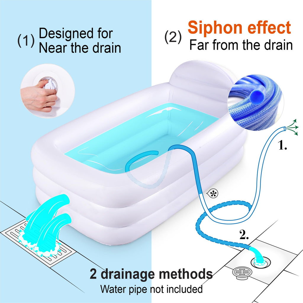 HIWENA Inflatable Portable Bathtub - Adult-Size Freestanding Soaking Tub with Large Backrest, White PVC Spa Bath