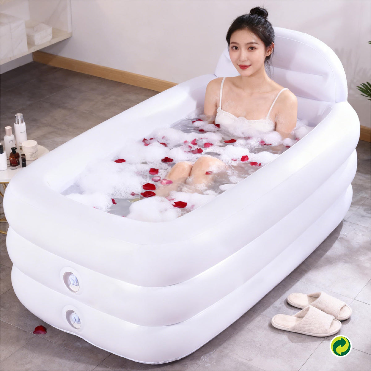 HIWENA Inflatable Portable Bathtub - Adult-Size Freestanding Soaking Tub with Large Backrest, White PVC Spa Bath